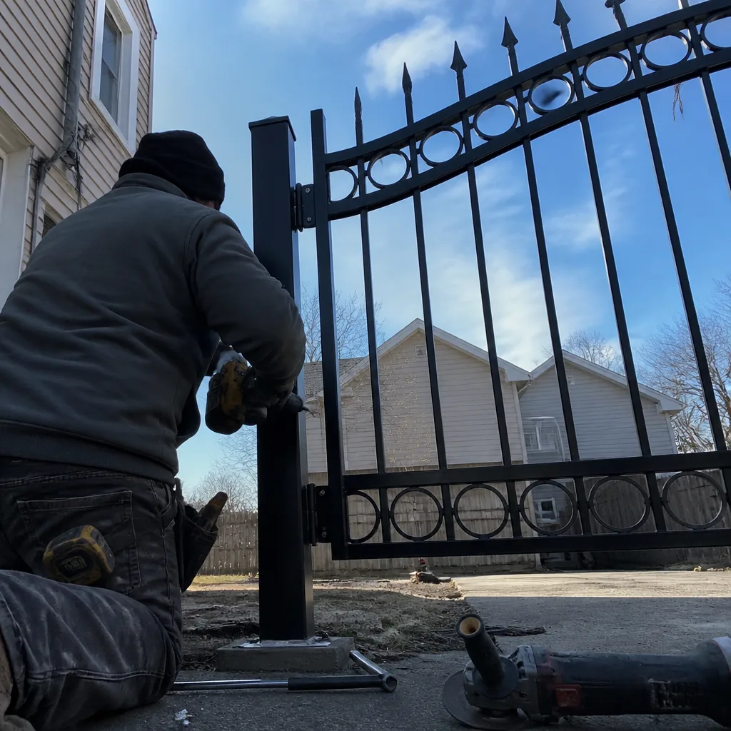 professional contractor installing a decorative black metal security gate