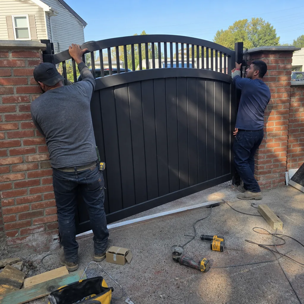 Two professional technicians installing a black metal driveway gate