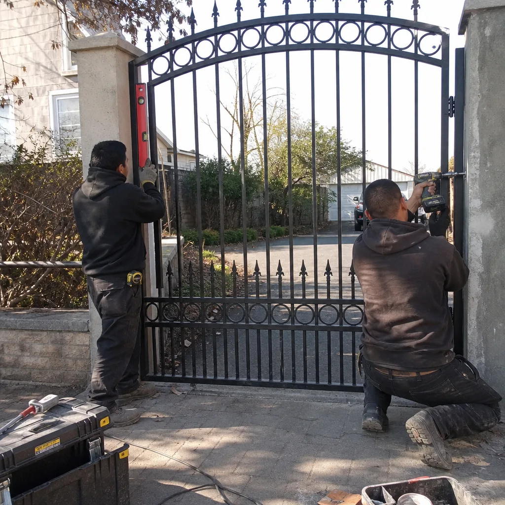 Professional technicians performing custom metal driveway gate installation