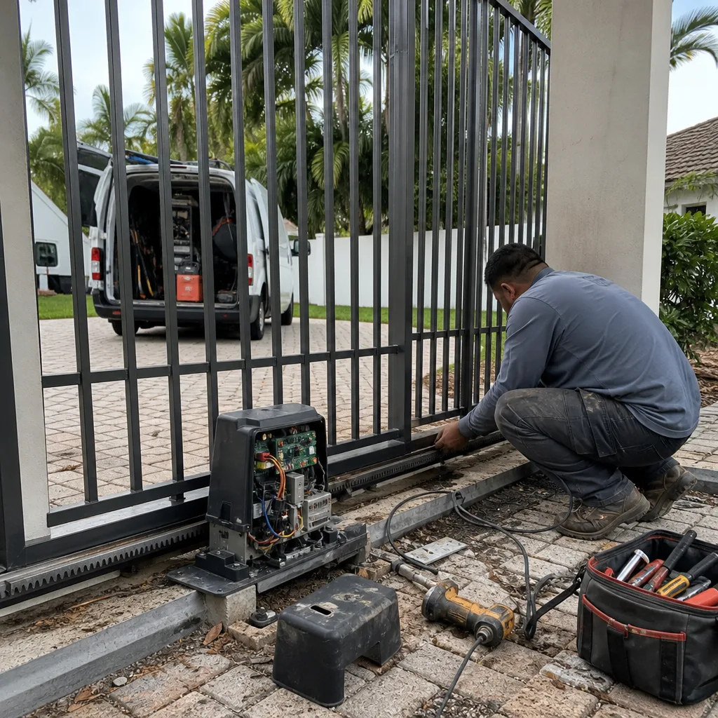 Technician performing professional gate motor repair on an iron driveway gate