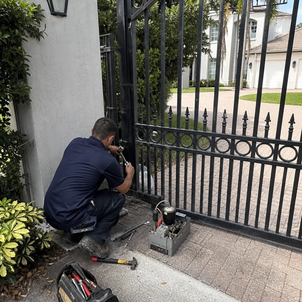Technician performing professional sliding gate motor and track repair services