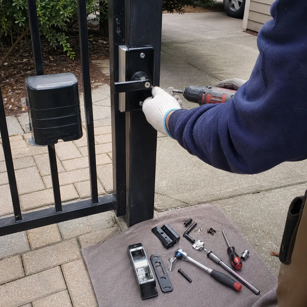 Technician using a power drill to repair a metal gate lock