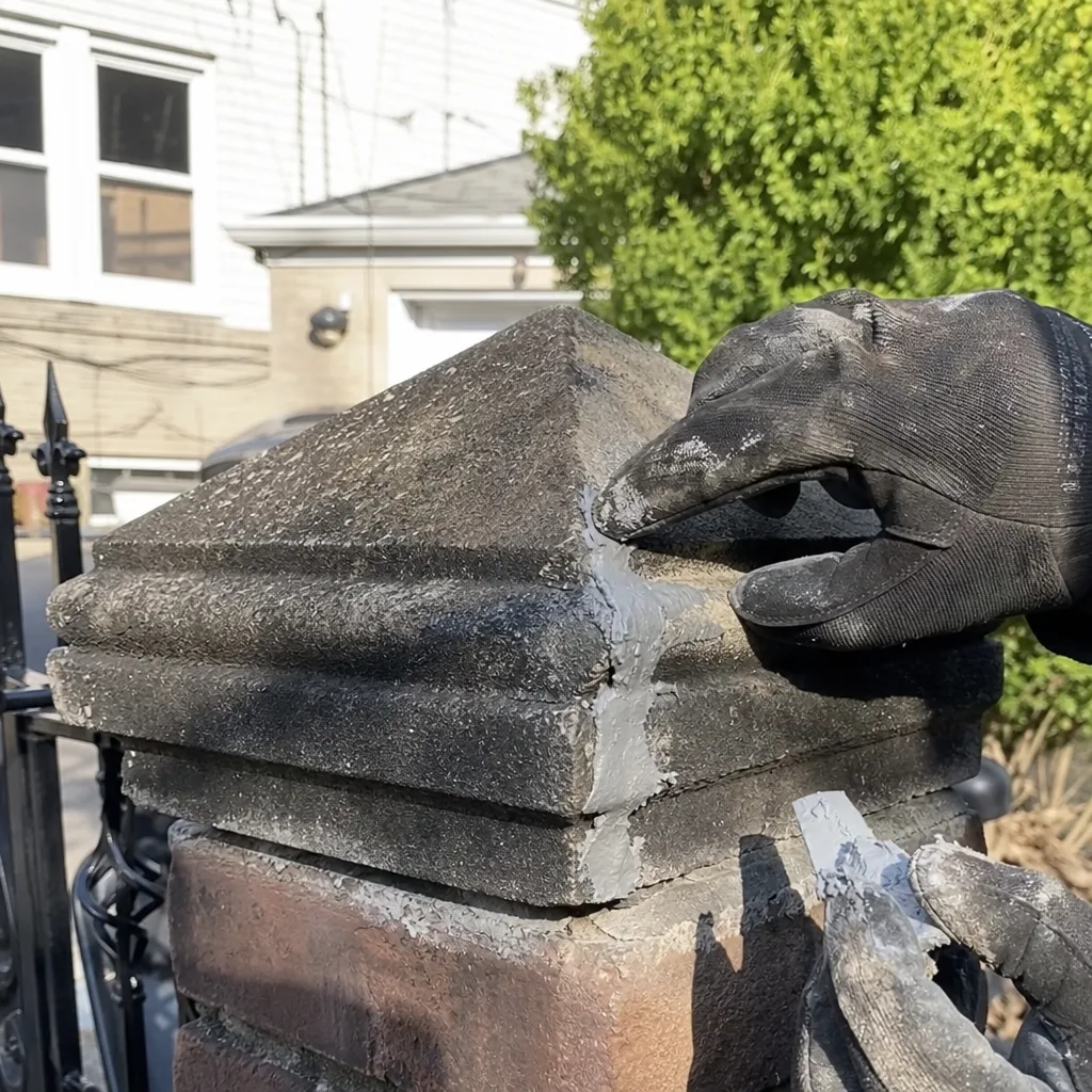 Professional contractor repairing a cracked stone pillar gate post